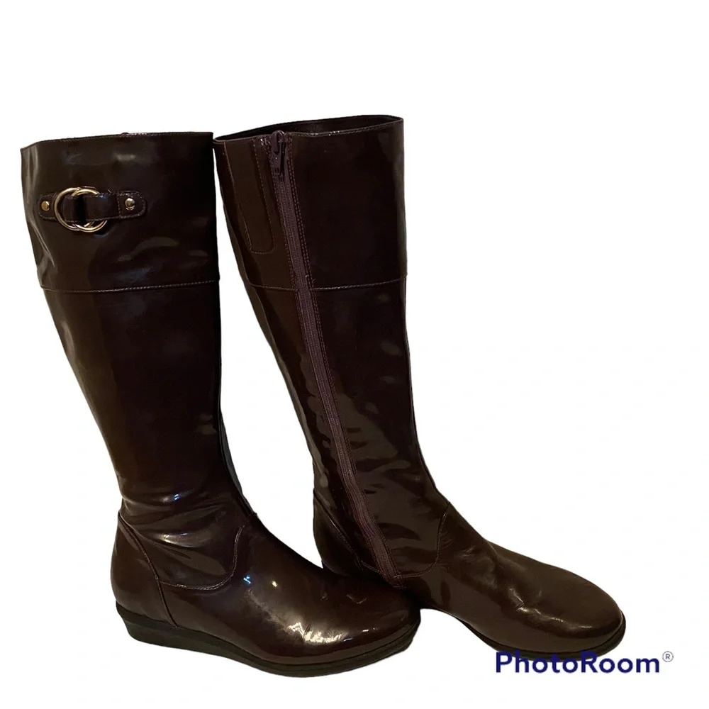 COLE HAAN BOOTS SHOES TALL PURPLE PATENT SHINY RAIN ZIP SIDE SIZE 8M